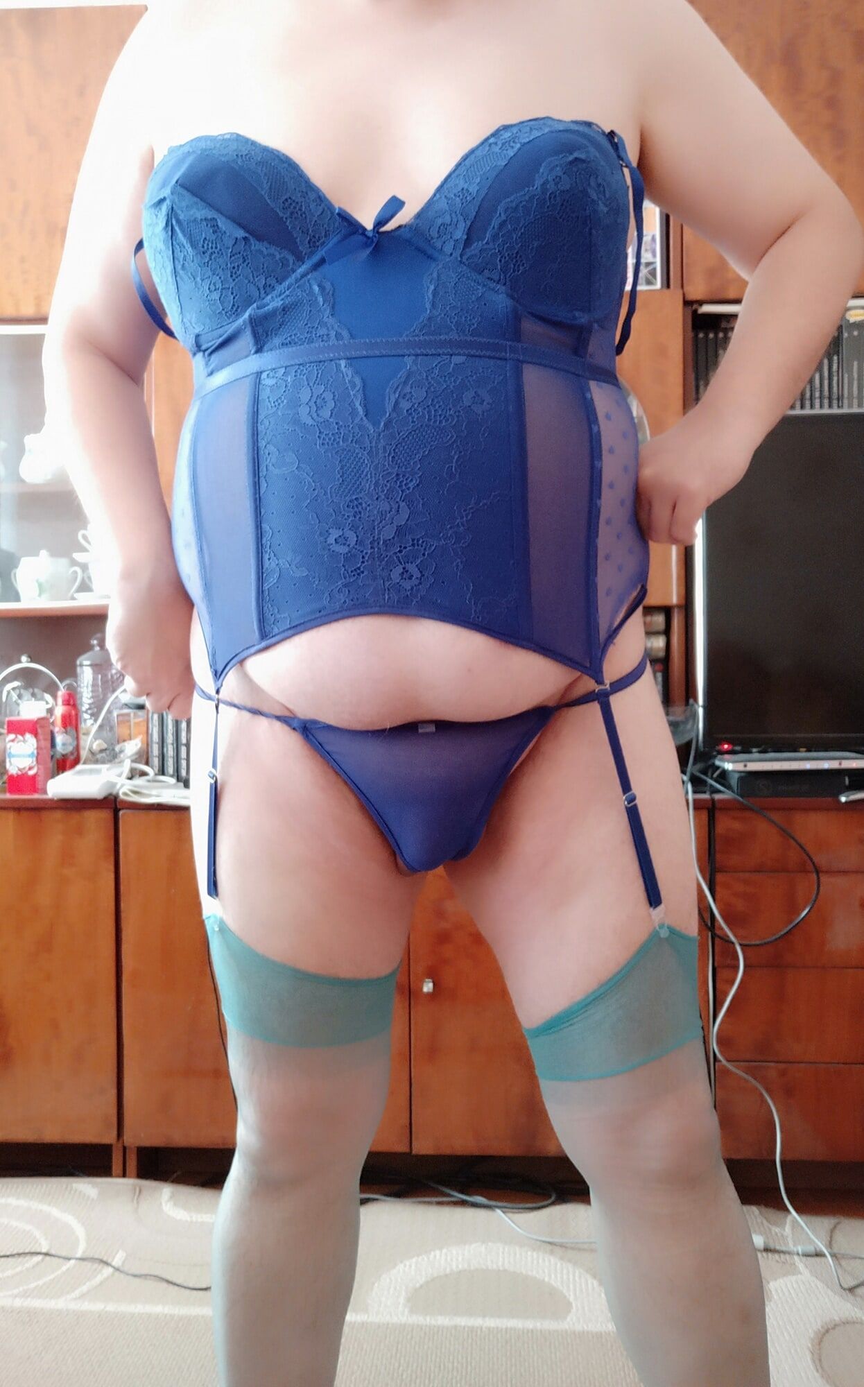 Sissy Aleksa posing in blue corset and green stockings #45