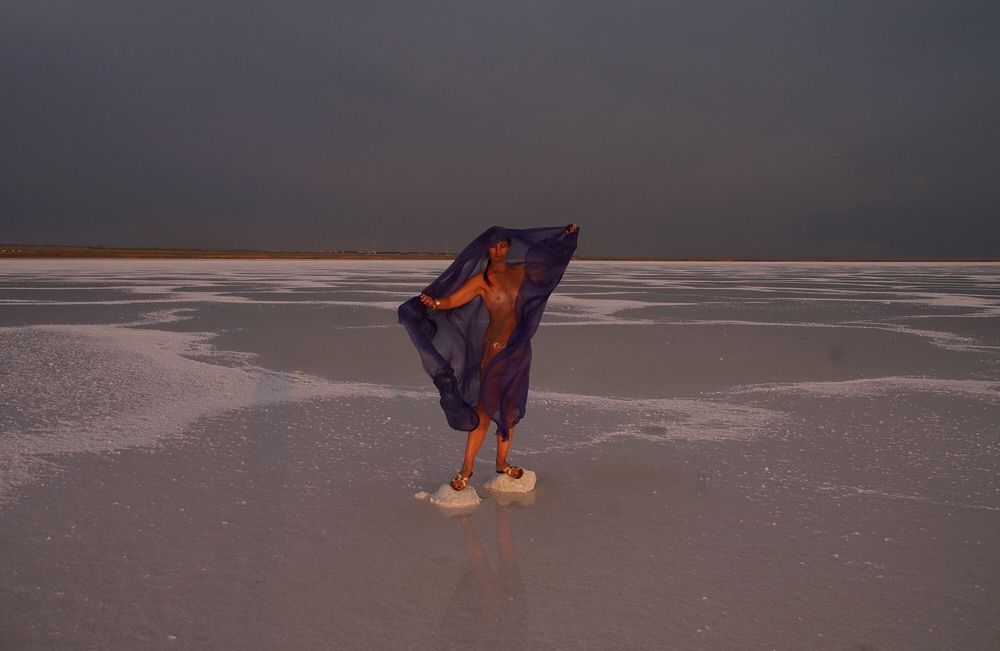 On Sunset-Light with DeepBlue Shawl on Salt- Lake #20