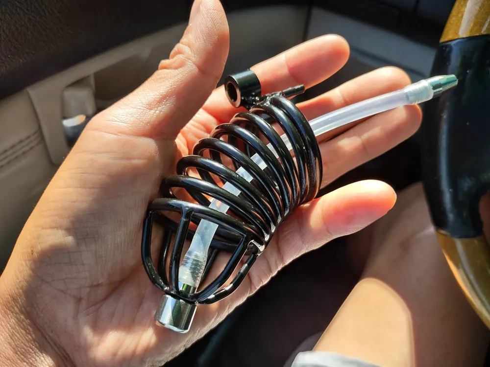 Steel black cock cage with urethra piss tube 