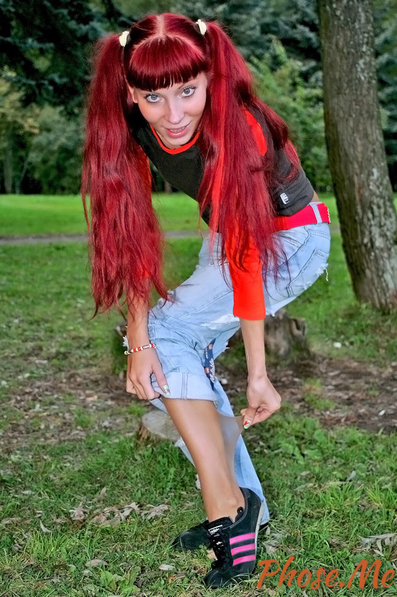 Redhead Outdoors Strips Jeans Off Wearing Pantyhose #4