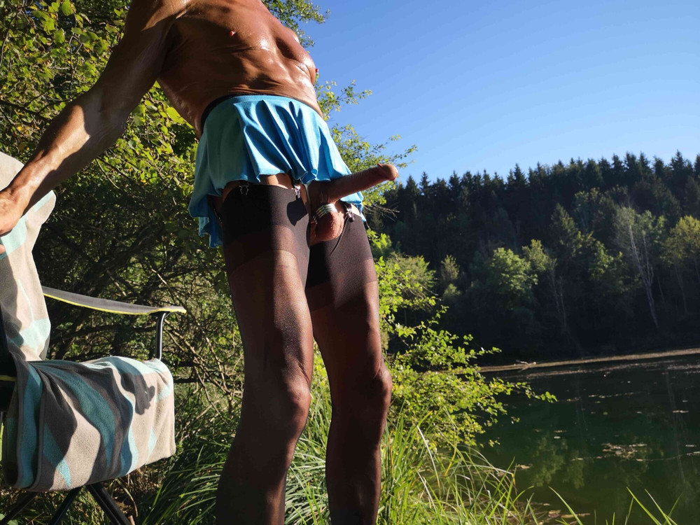 Micro Skirt and Boner at public Nudist Lake #27