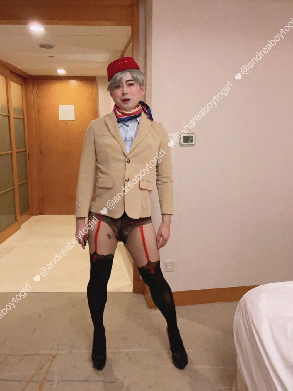 Asian femboy sissy in Emirates Cabin Crew dress(P4) #4