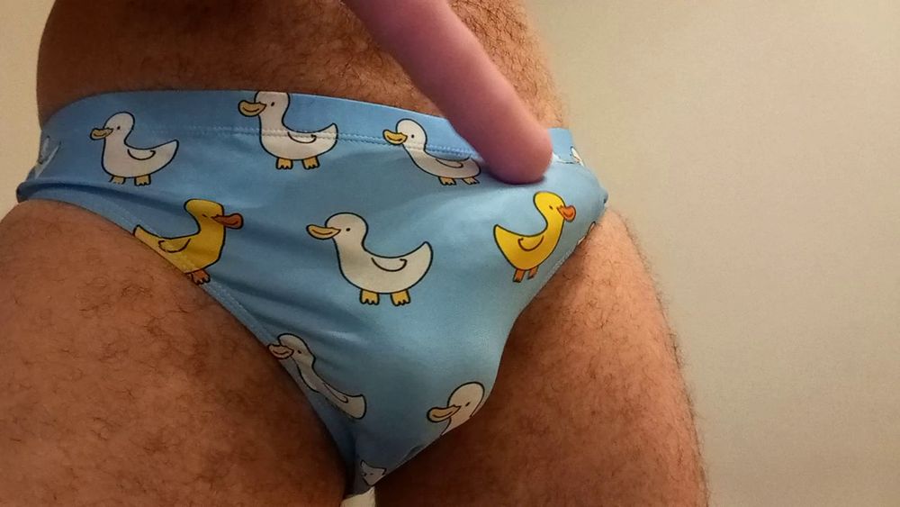 Small penis bulge cum in cute duck speedo, brief, trunks. #24