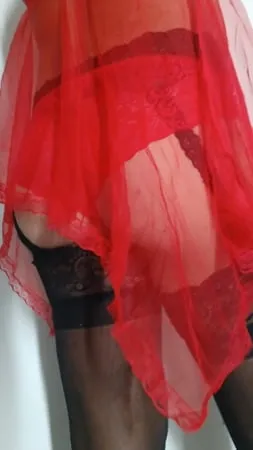 red nightie black stoking high heels         