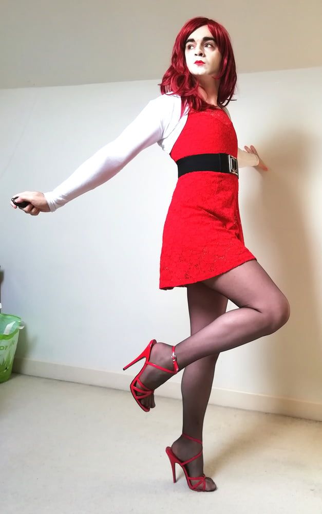 Marie crossdresser in red dress and super sheer pantyhose #8