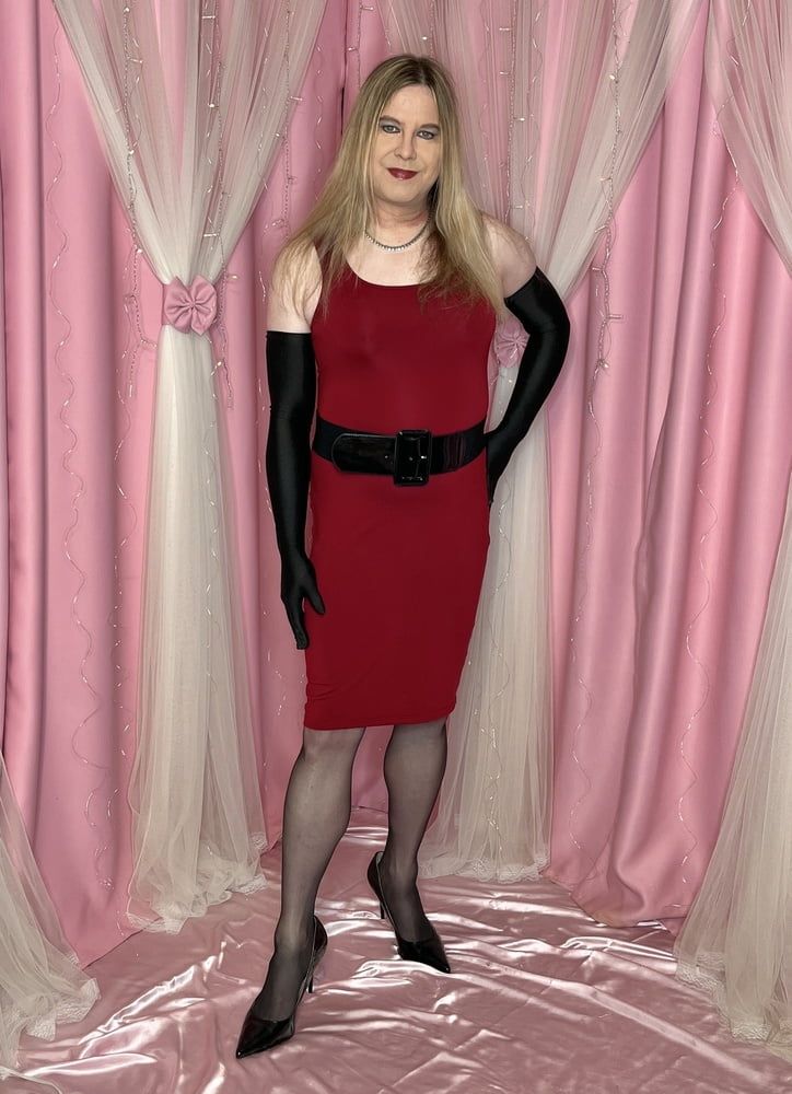 Joanie - Red Dress and Y Strap Garter Belt #10