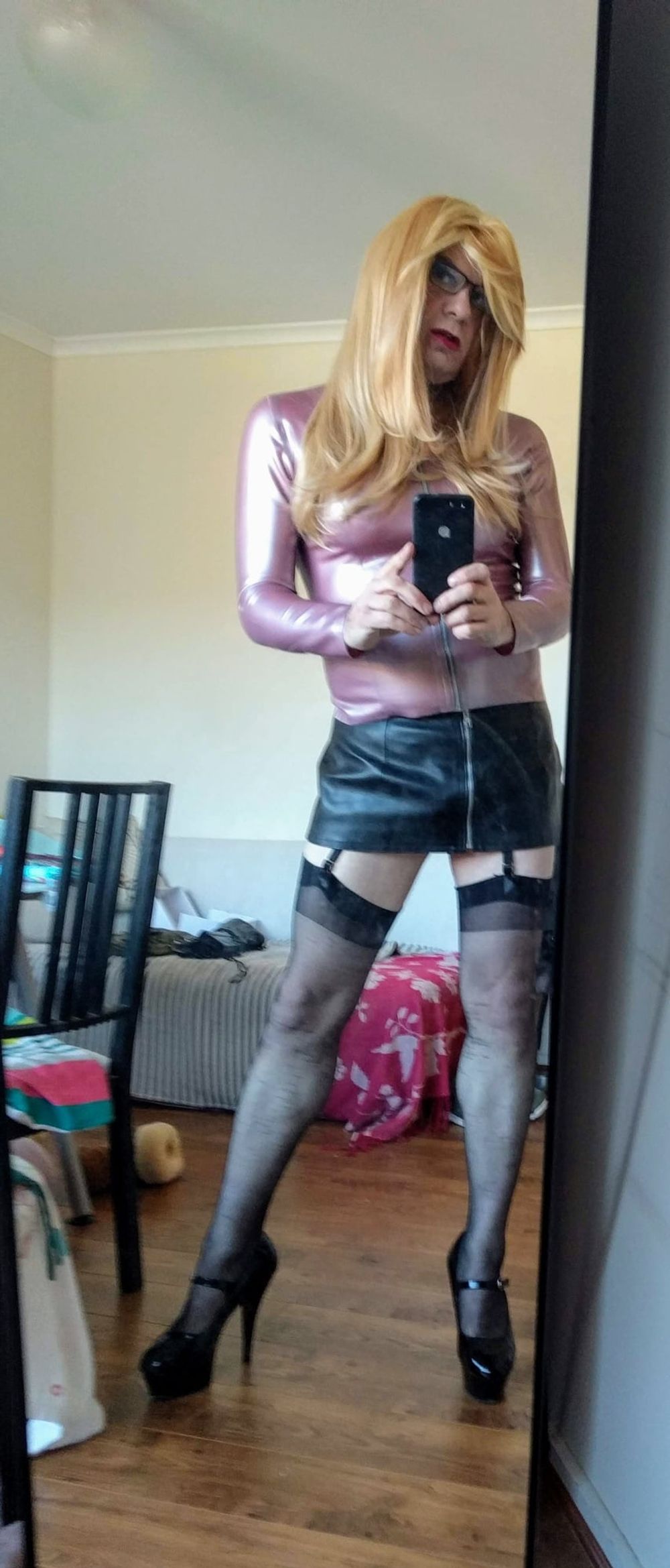 Rose latex top , long blonde full body shots #2