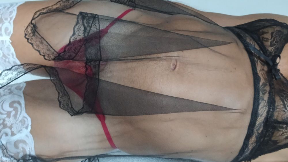 Sexy transparent BLACK nightie RED pantie WHITE stoking 