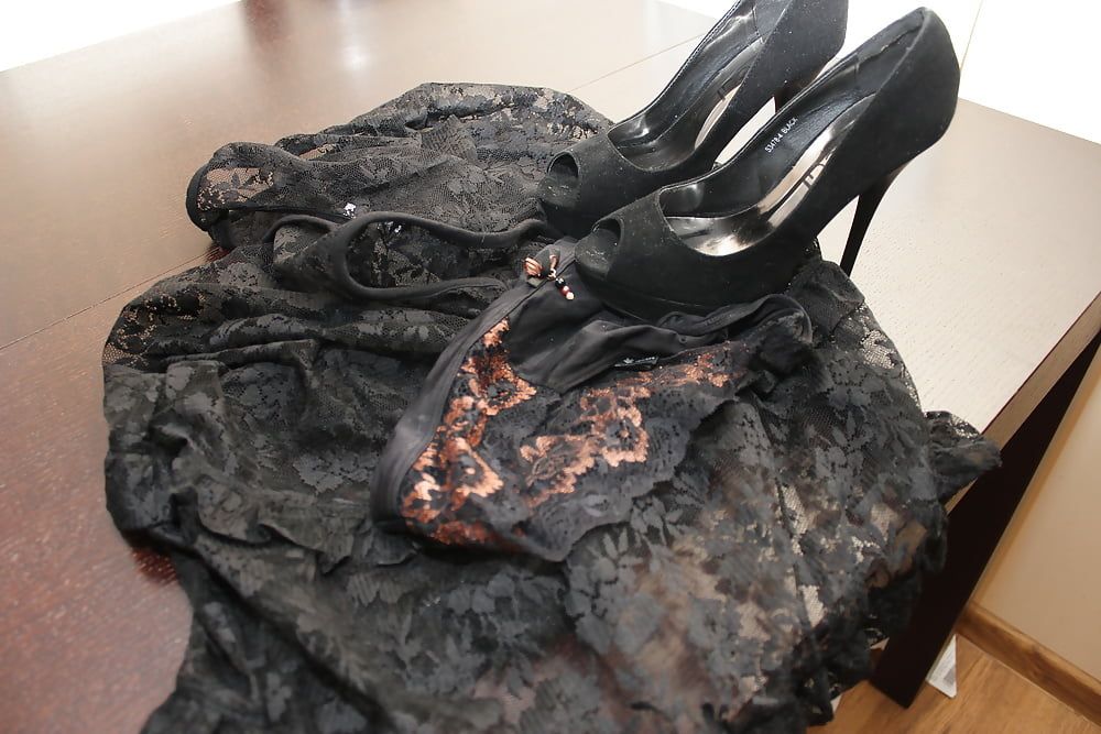 All black:heels, panties, suspenders, stockings, dress, cum #35