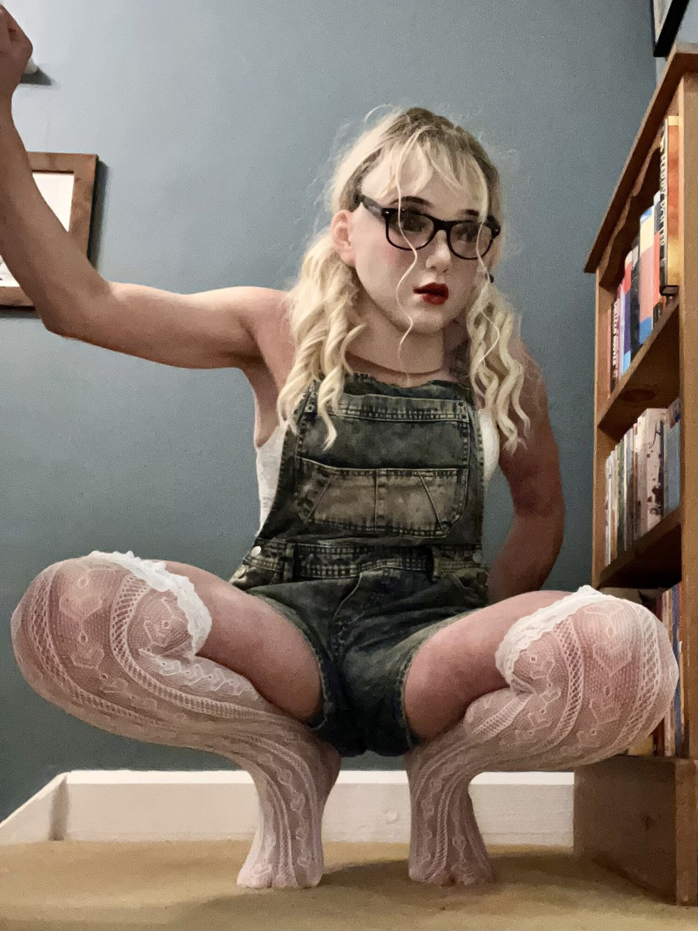 Sissy Simone in dungaree shorts and chastity device #3