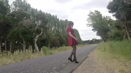 crossdess road trip red dress follow the river         