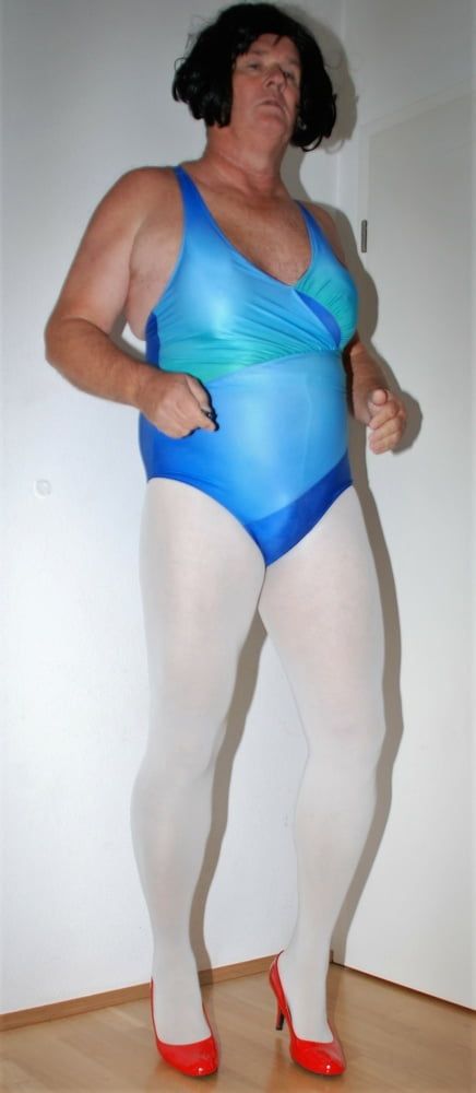 Swimsuite blue with tights white #2
