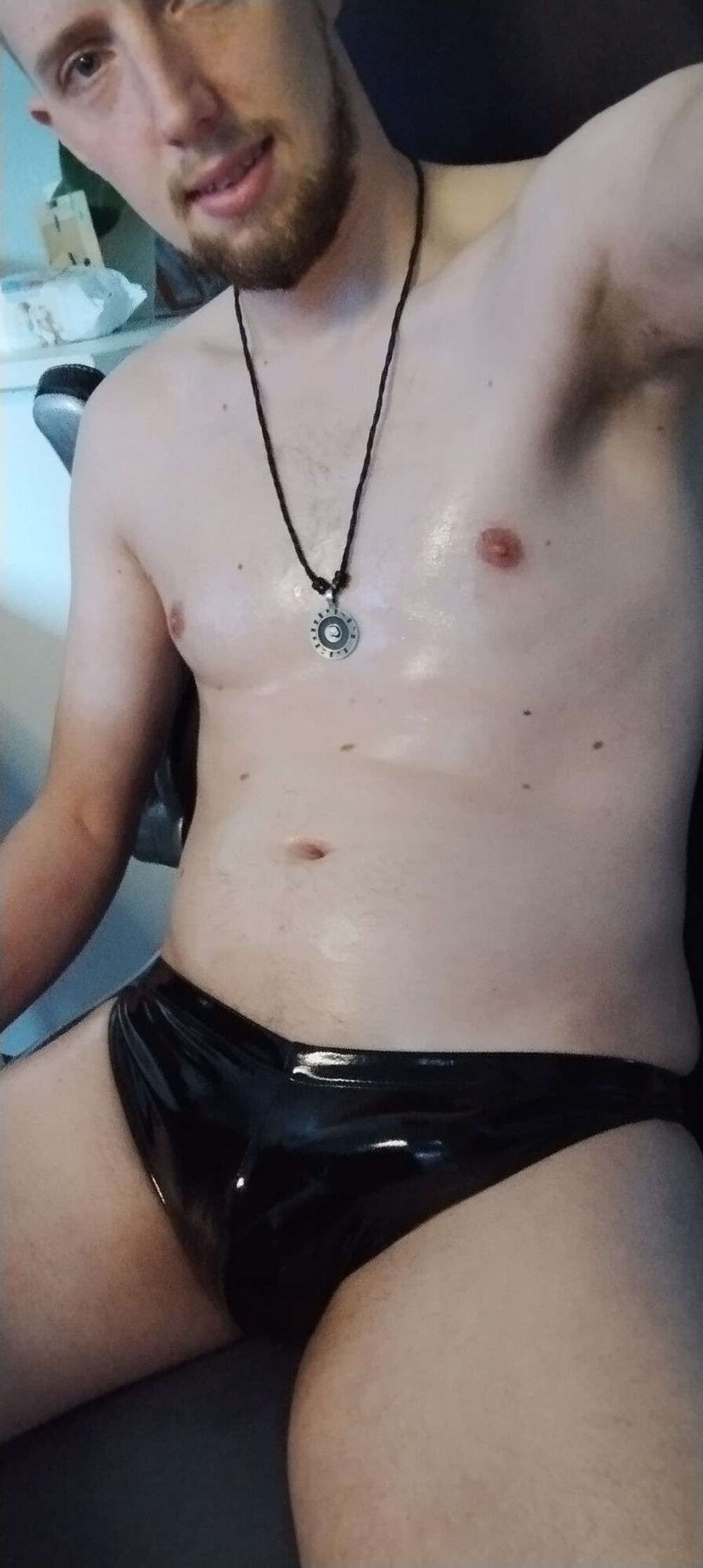 Me in shiny black slip with oil #4