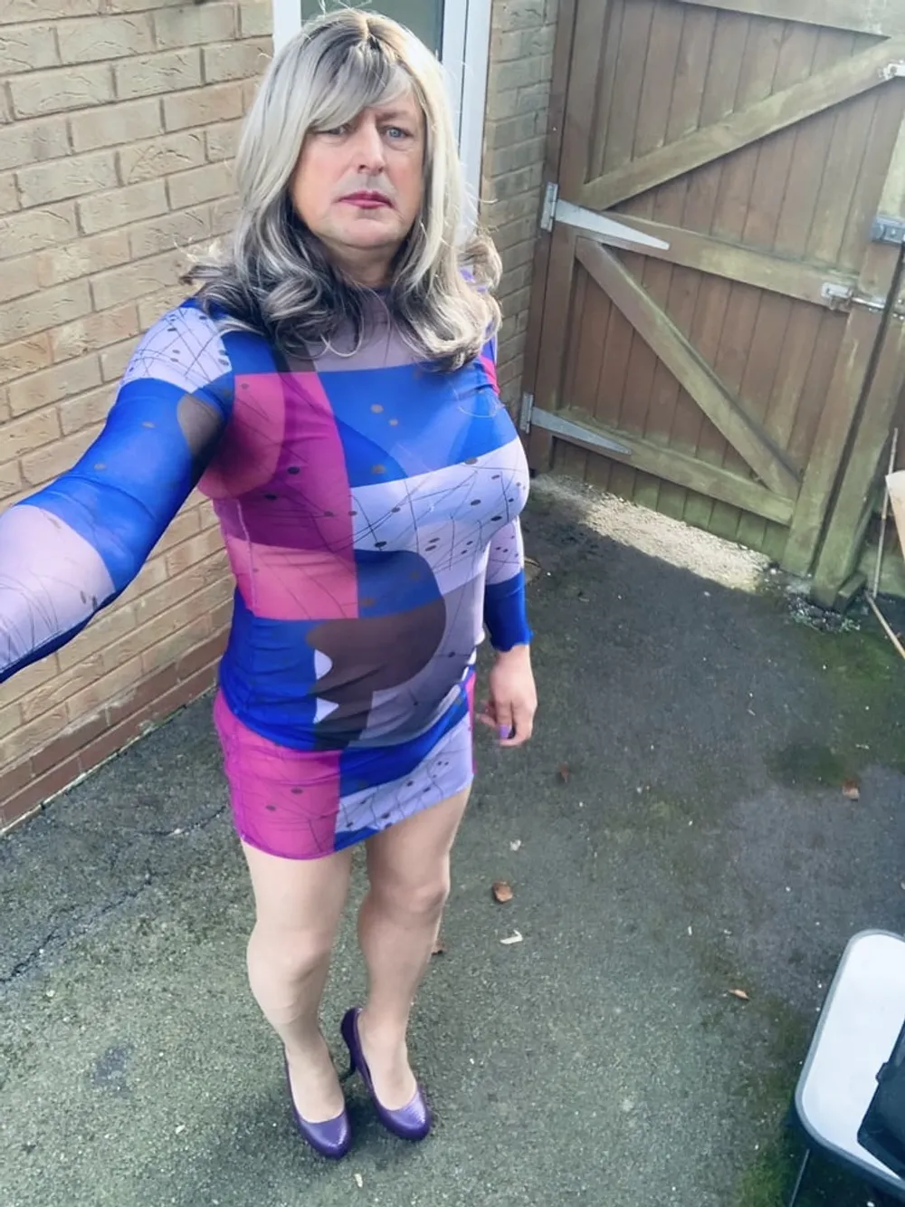 Crossdresser Kellycd in multi colour see thru dress and seam