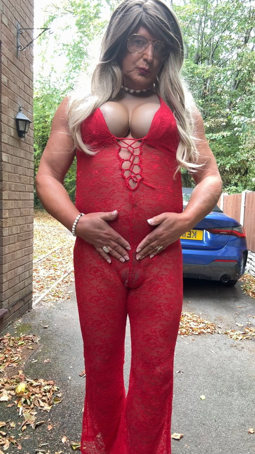Sexy Crossdresser kellycd2022 in red lace jumpsuit and heels #16