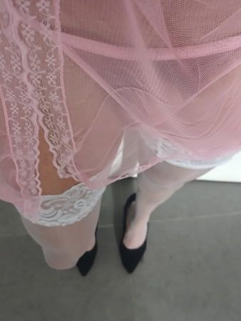 Transparent Pink nightie &white stoking high heels 