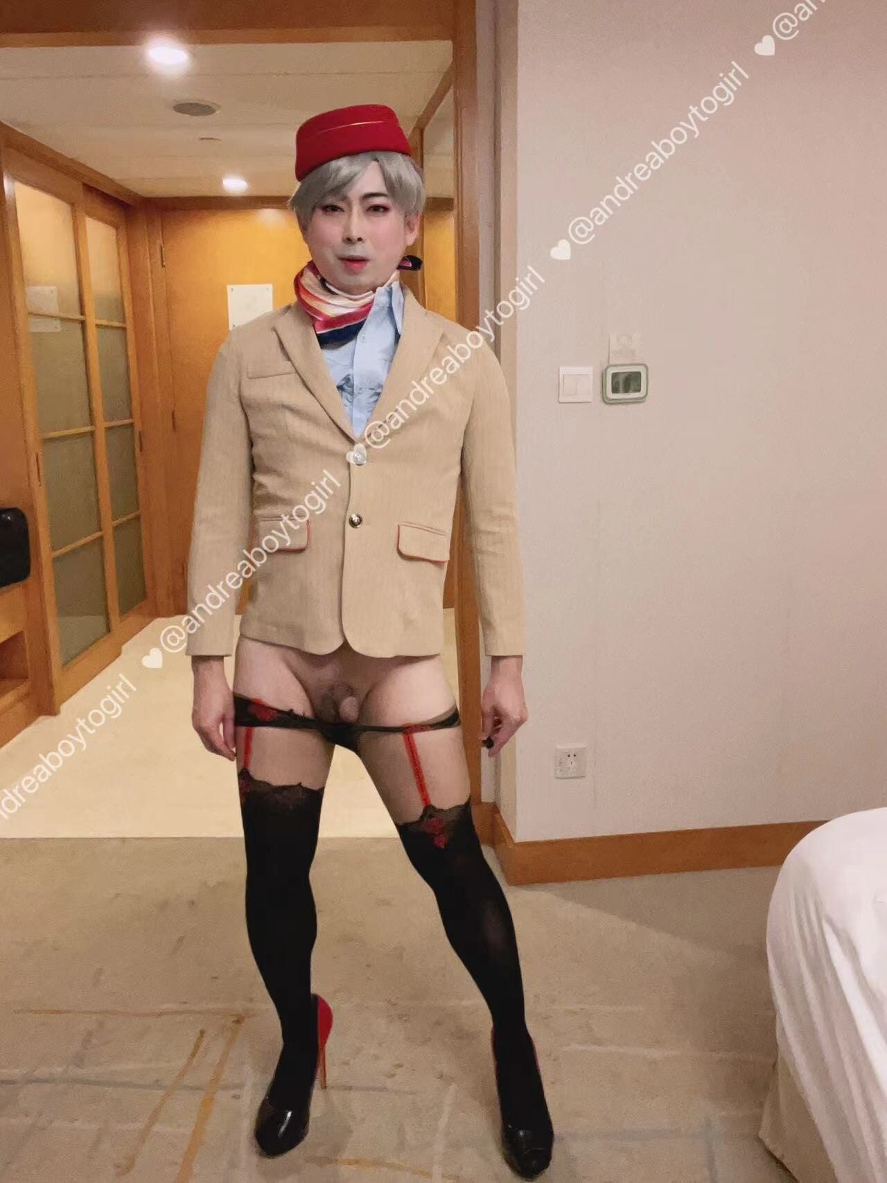 Asian femboy sissy in Emirates Cabin Crew dress(P4)