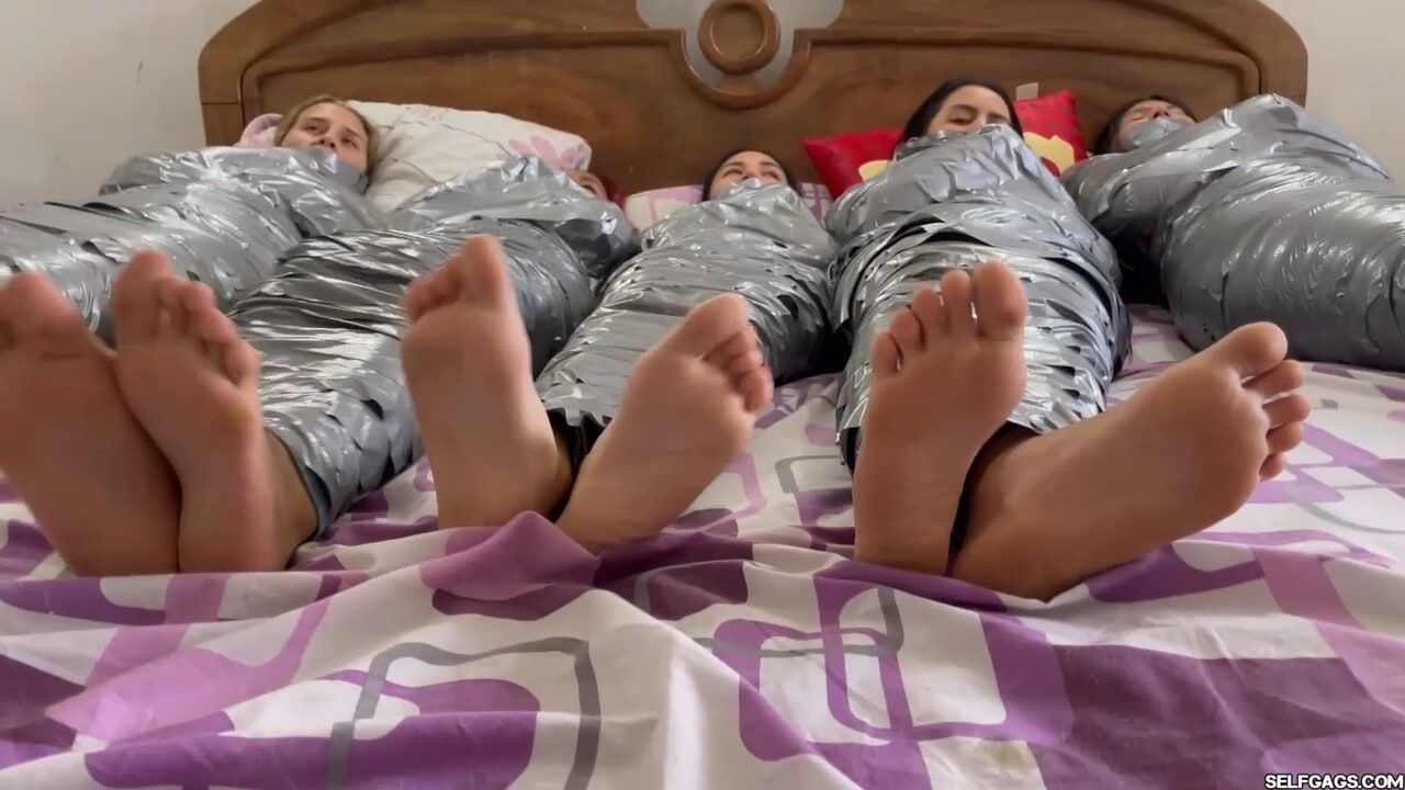 5 Mummified Girls Barefoot In Duct Tape Bondage #5