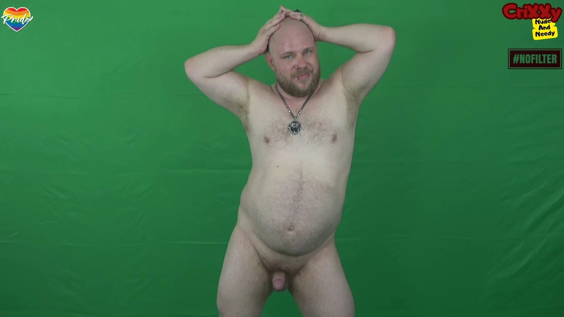 Gay pierced, unshaven bear shows himself naked