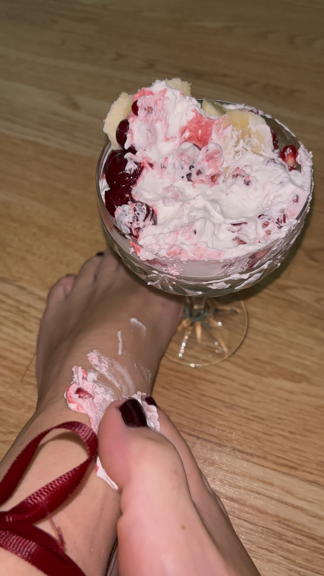 Cute little whipped cream and fruits on my feet