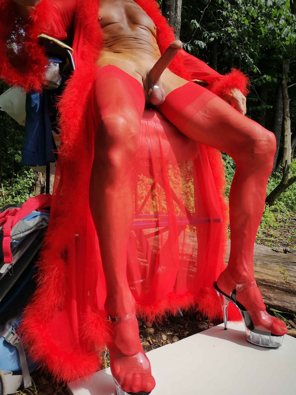 Boner in red Lingerie at public Nudist Lake #33