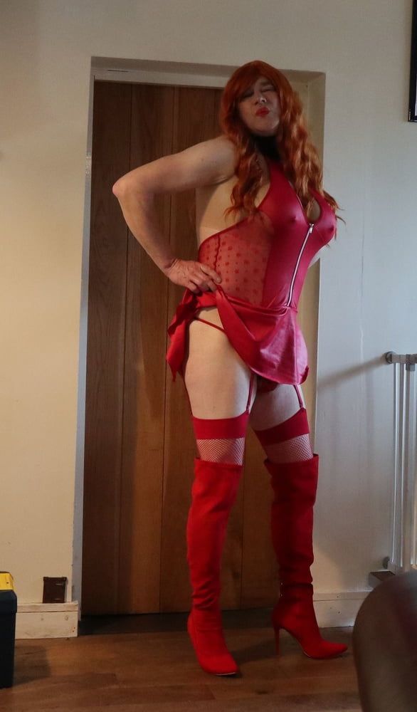 transgender in red lingerie and red thigh boots #12