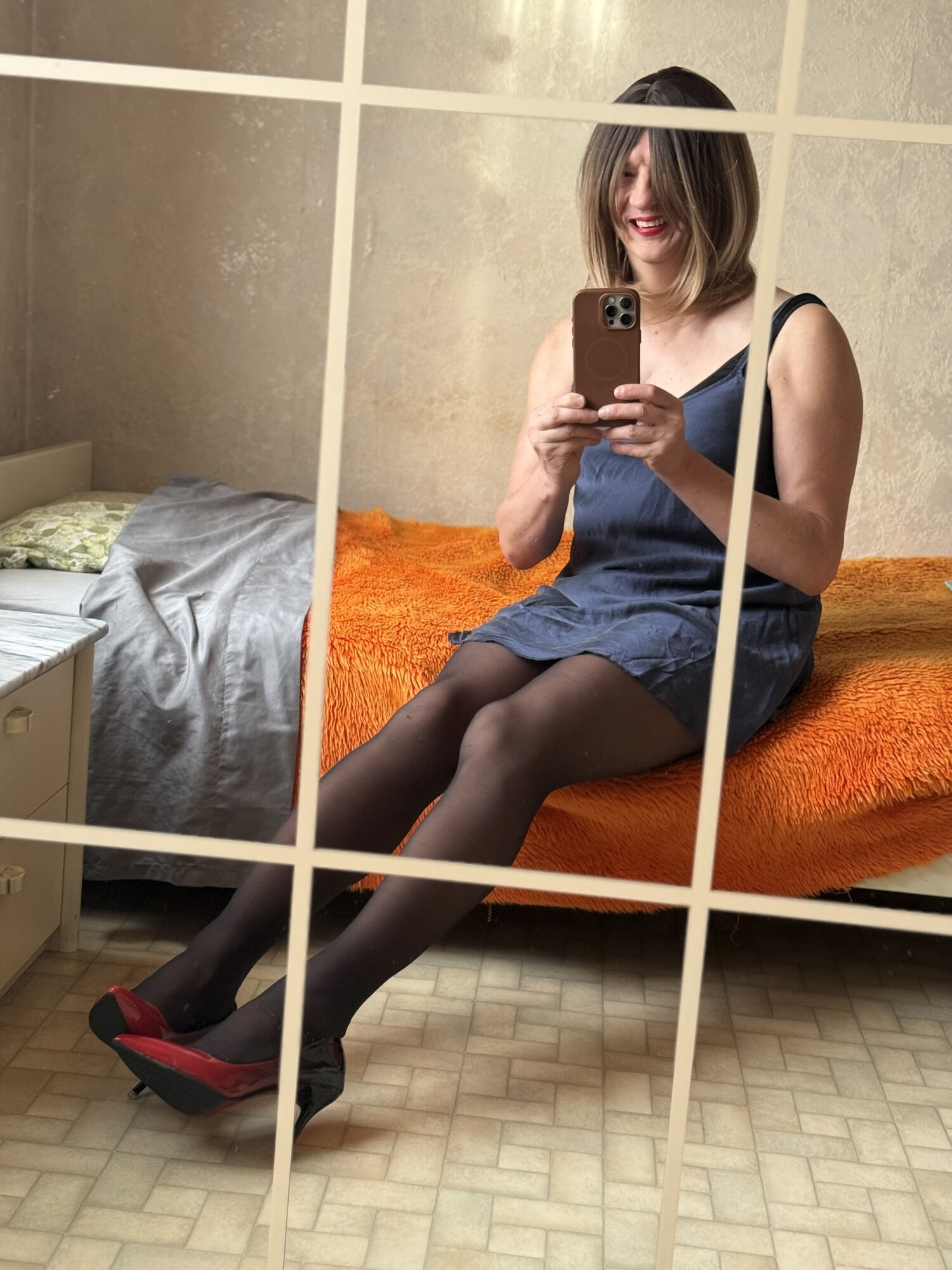Evy finally as a blonde wearing a short blue nightgown #9