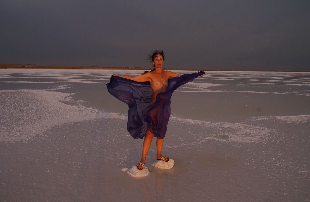 On Sunset-Light with DeepBlue Shawl on Salt- Lake