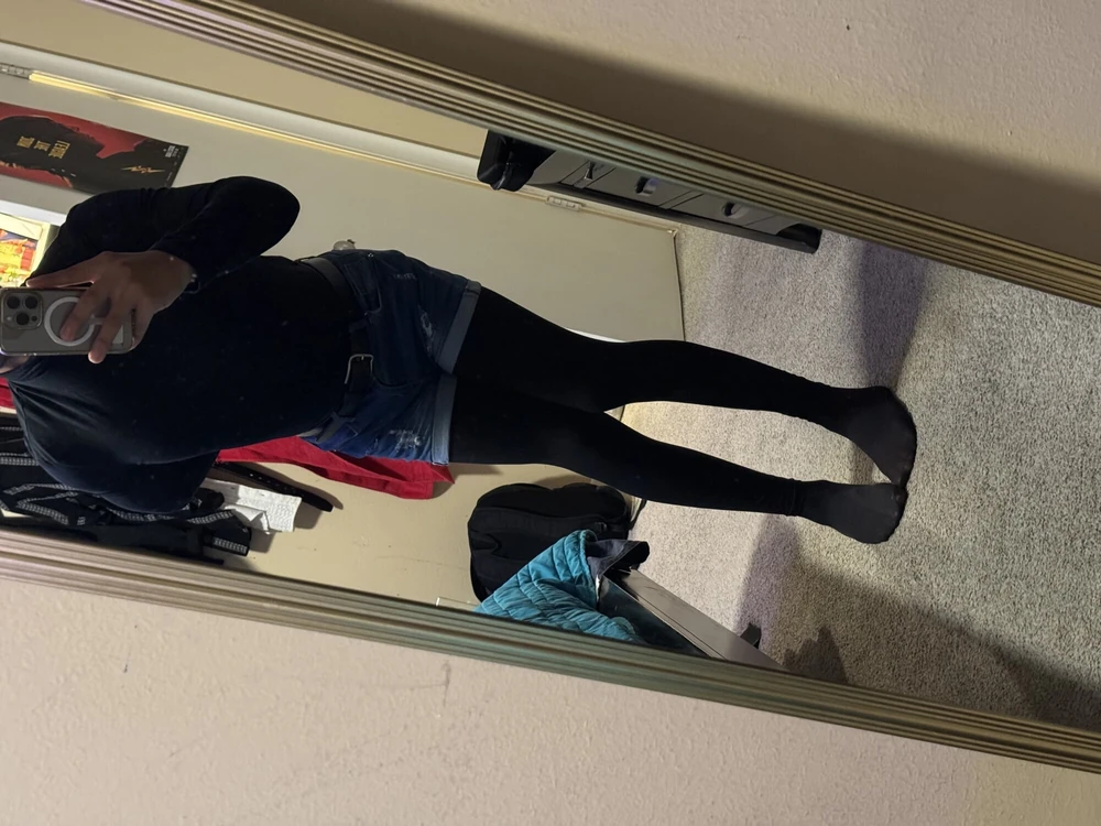 Leggings under denim shorts  #3