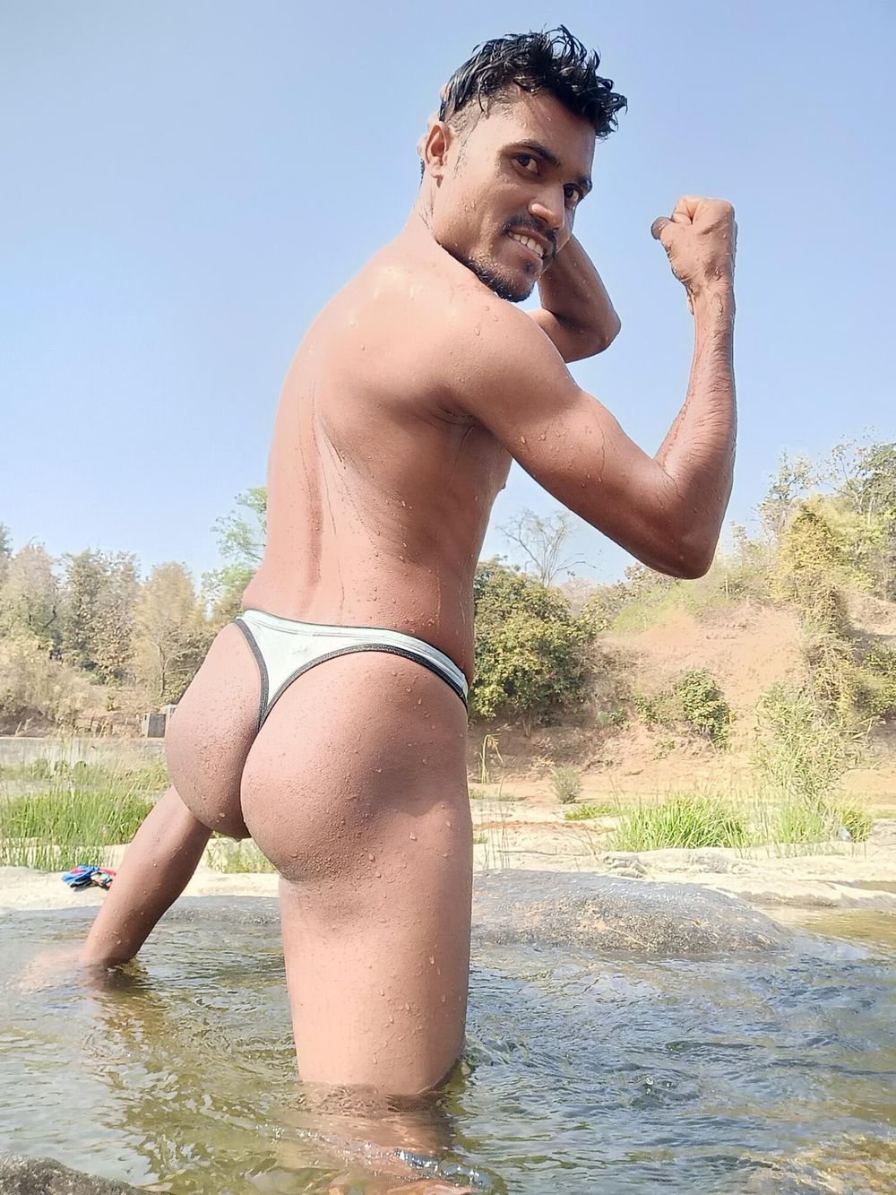 Hot muscular gym boy outdoor in river bathing enjoying swimm #19