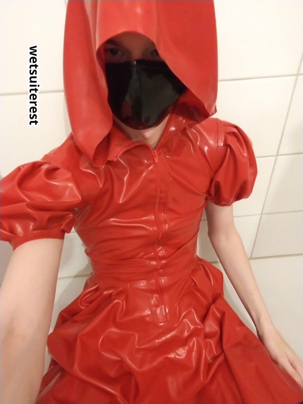 Red latex hooded swing dress and stockings #9