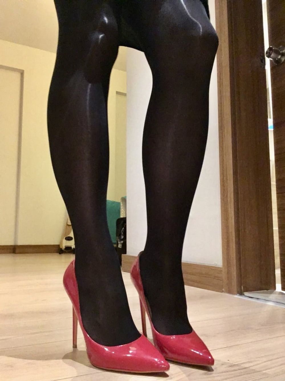 Shiny Black Tights &amp; Red Heels