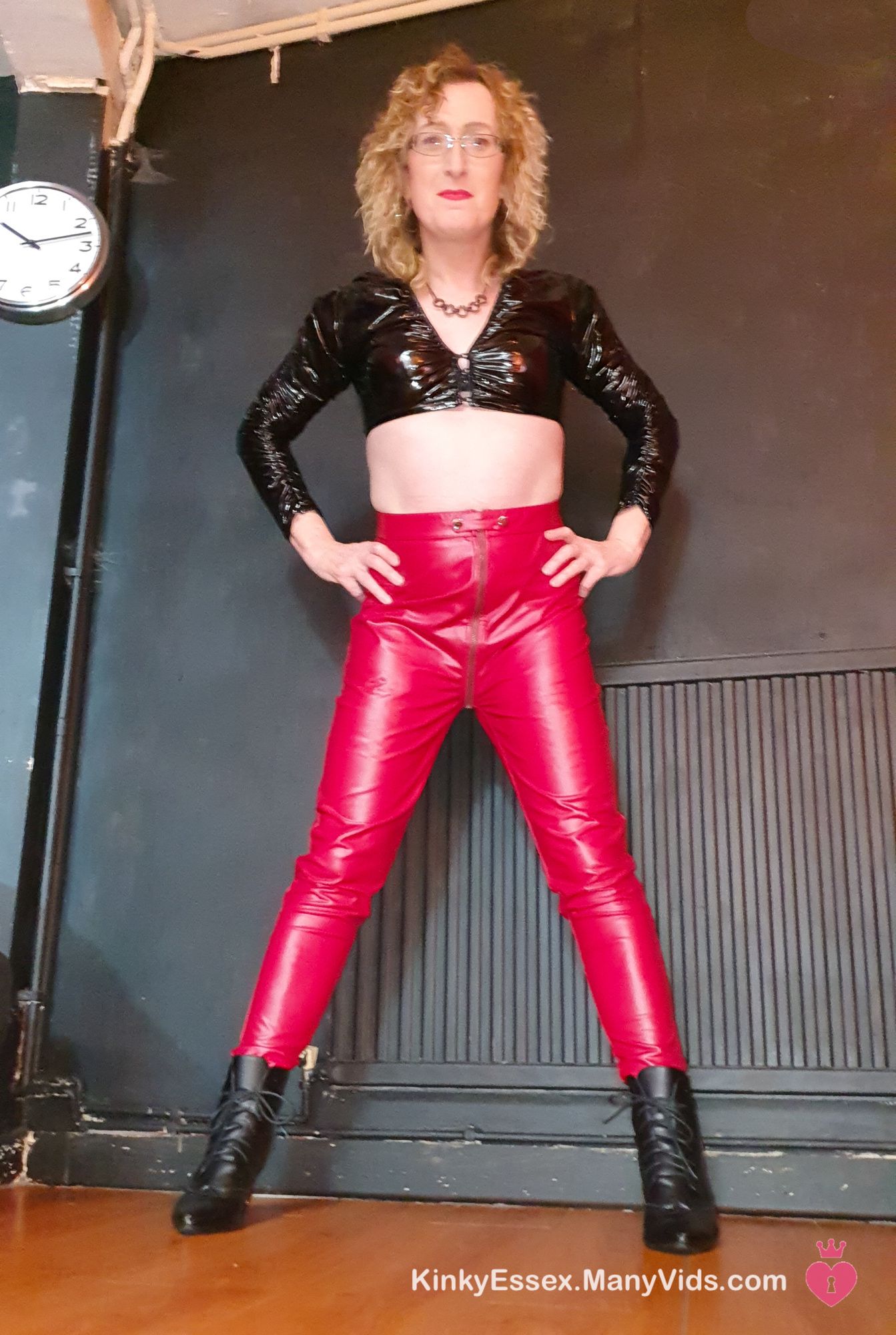 Black and Red Shiny PVC Fetish With Black Heel Ankle Boots #11