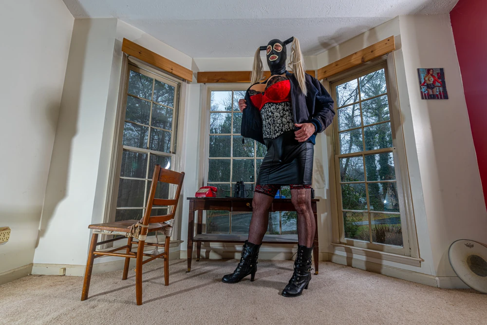 Giant fake tits crossdresser in leather skirt and suede coat #6