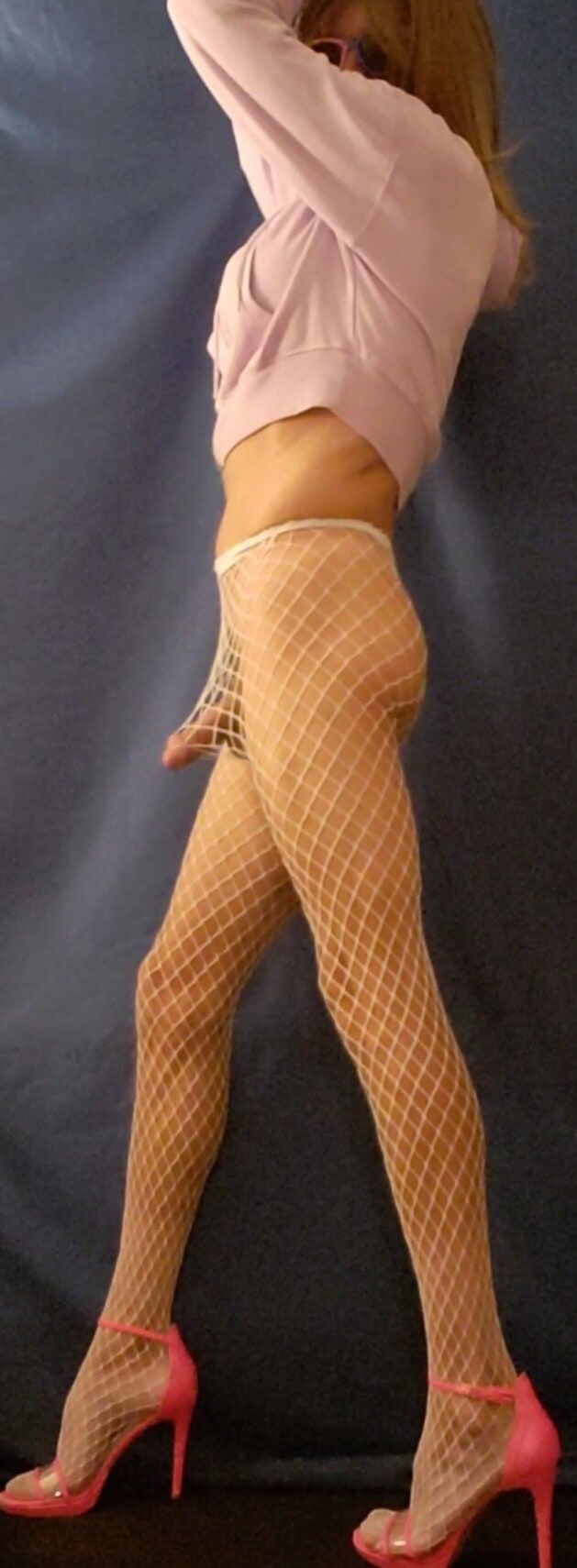 Sexy Sandy in white fishnet stockings #6