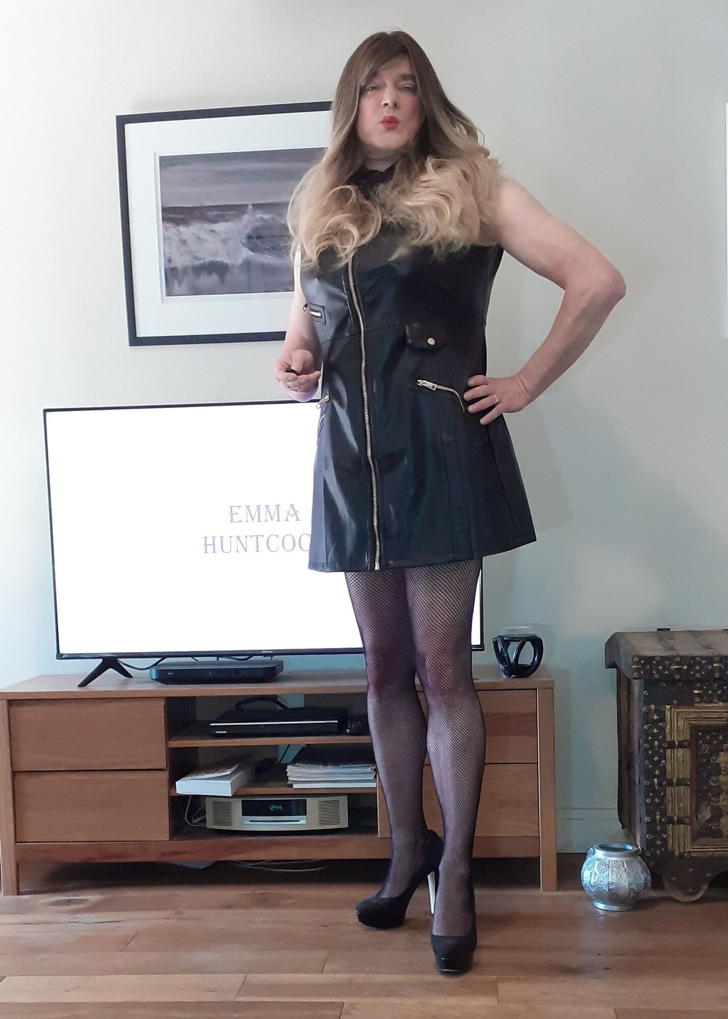 crossdressed in black leather dress #11