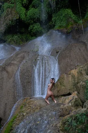 wet monika fox in a net near a waterfall         