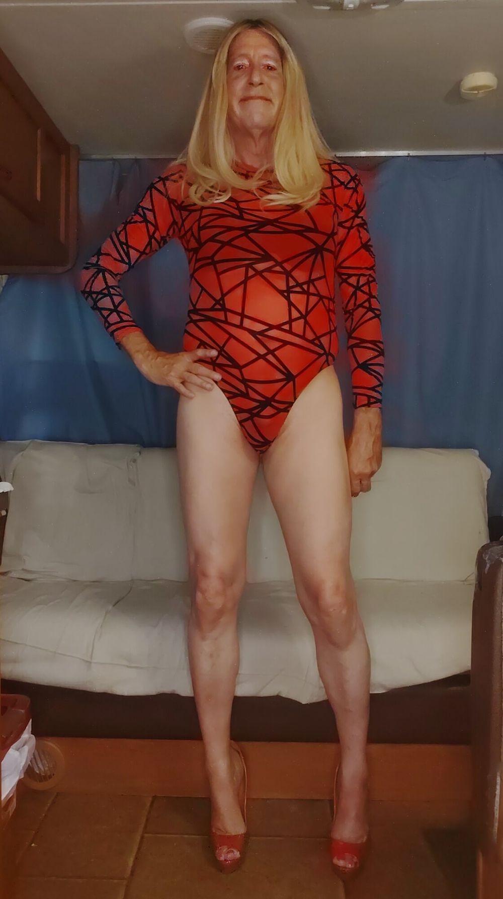 Sissy Anne Dru Brown puts on a red bodysuit and stockings #22