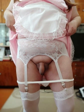 sissy maid posing in white stockings         