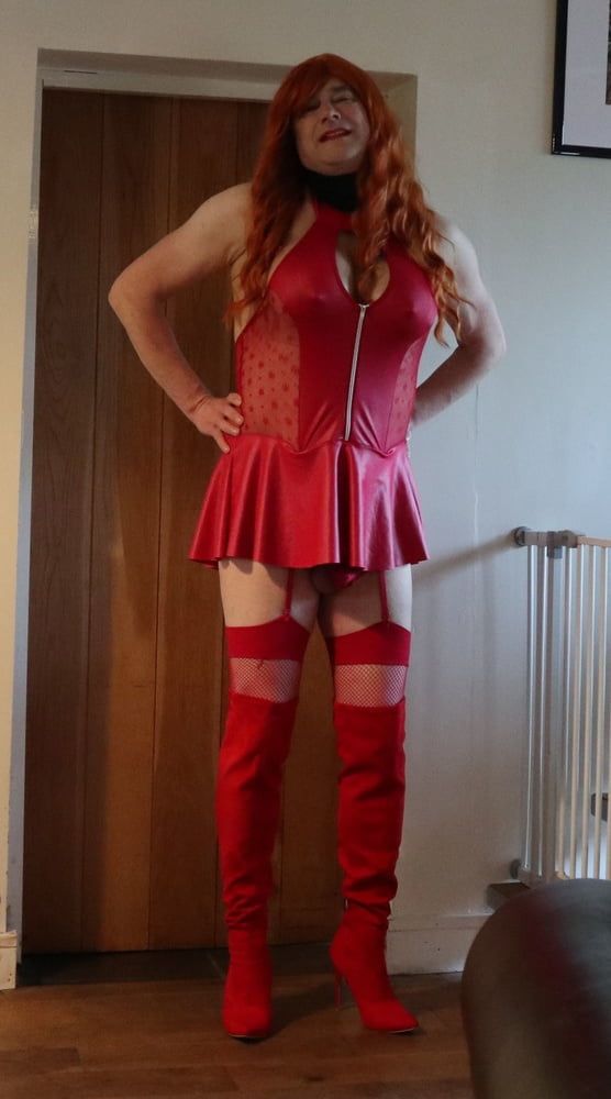 transgender in red lingerie and red thigh boots #4