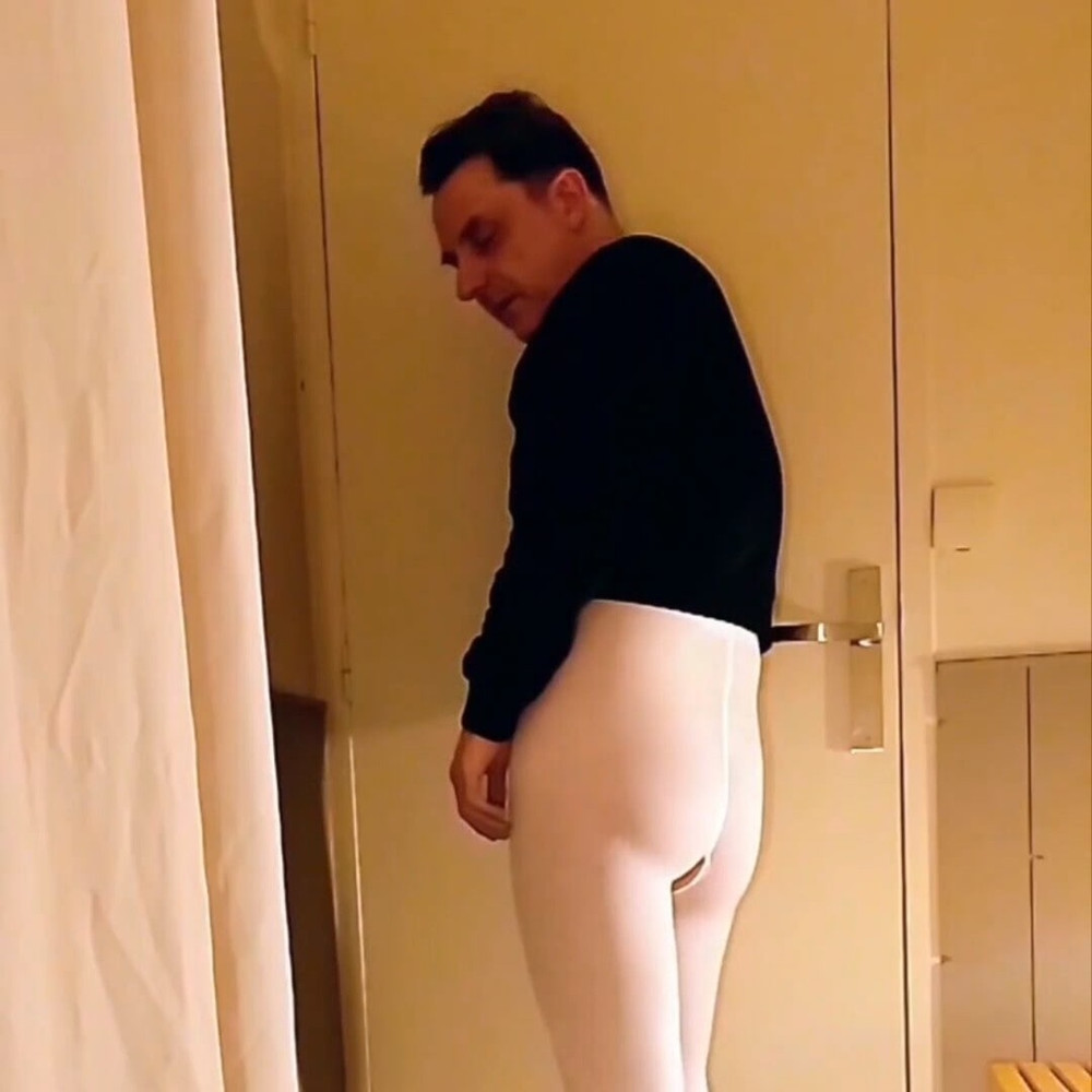 Cock stroking and anal play in white open pantyhose #8