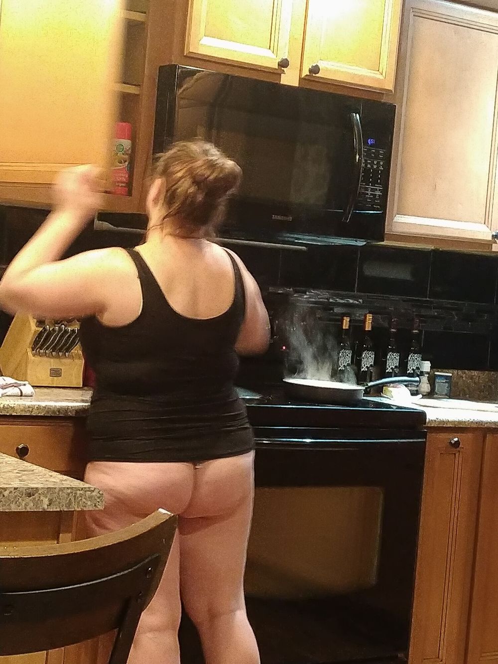 Sexy chubby wife cooking in thong  #17