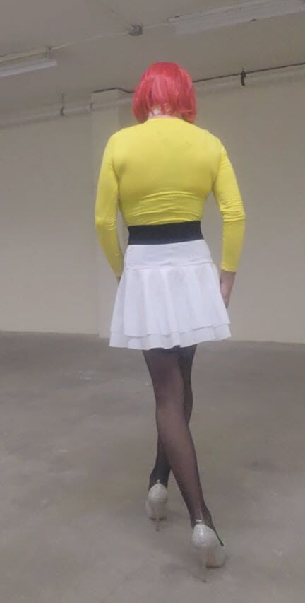 DeeDeeSlut White Skirt Yellow Top T Back Bra #3