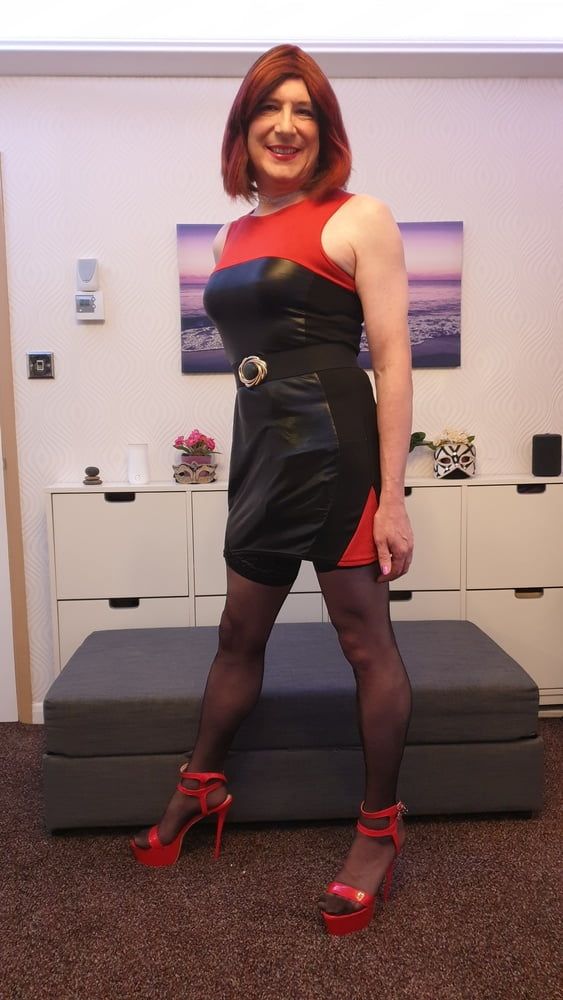 TGirl Lucy posing and playing in black and red bodycon dress #2