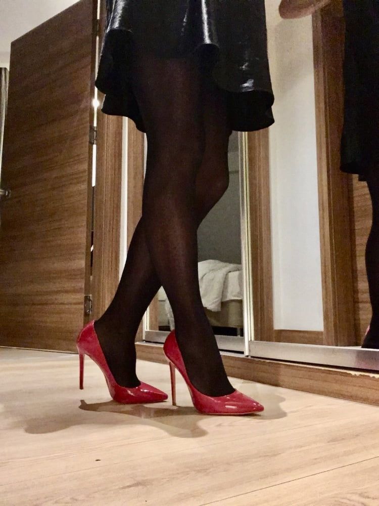 Shiny Black Tights & Red Heels #11