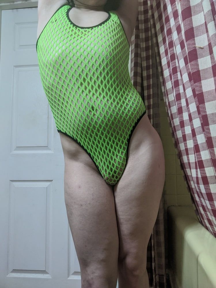 Femboy in Green Fishnet Bodysuit #5