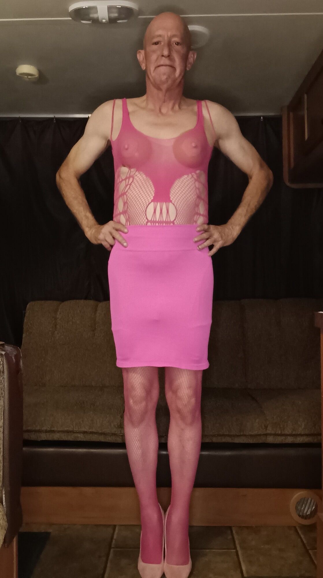 Faggot Andrew Brown Dressed Slutty in Pink Fishnet
