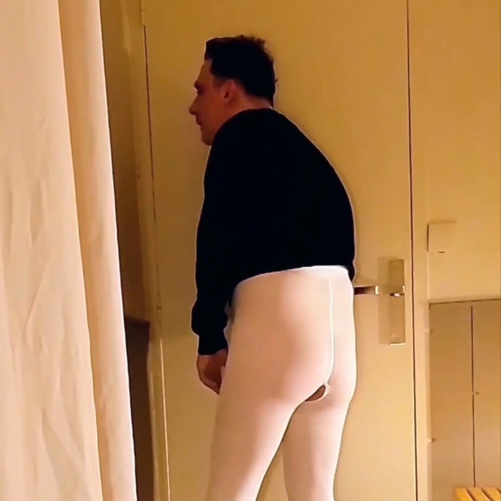 Cock stroking and anal play in white open pantyhose #9