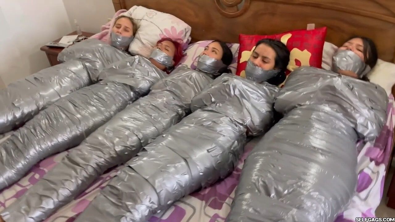 5 Mummified Girls Barefoot In Duct Tape Bondage #3