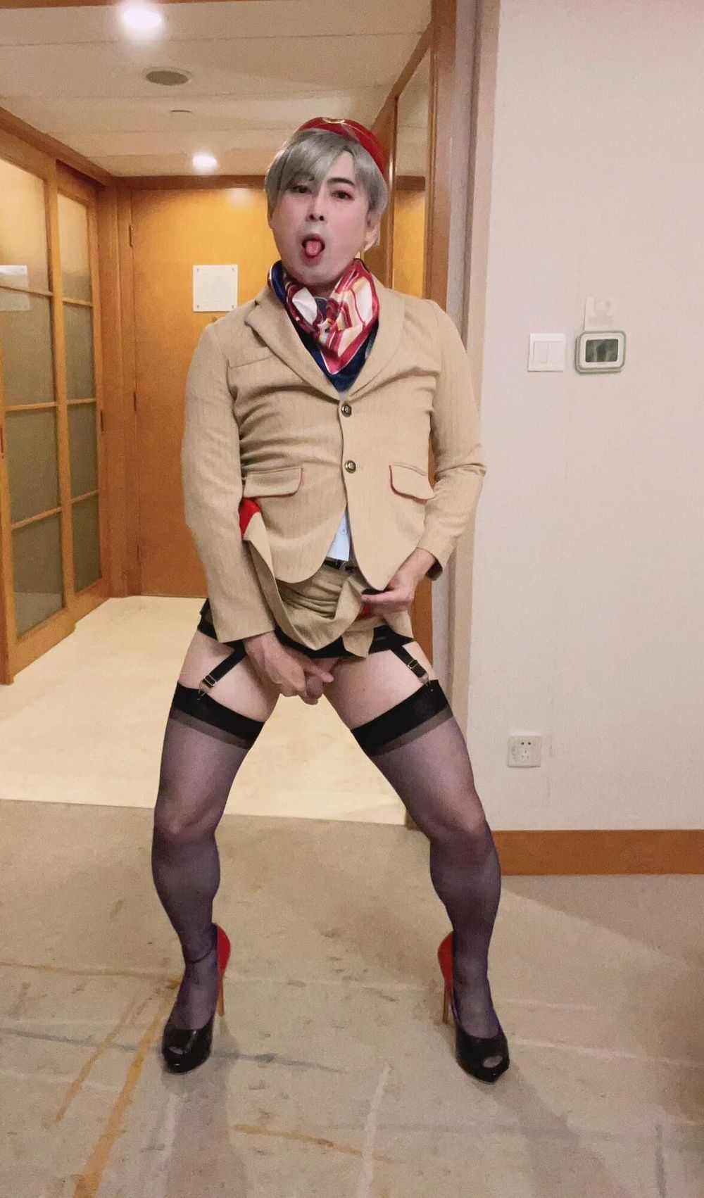 Asian femboy sissy in Emirates flight attendant dress #20